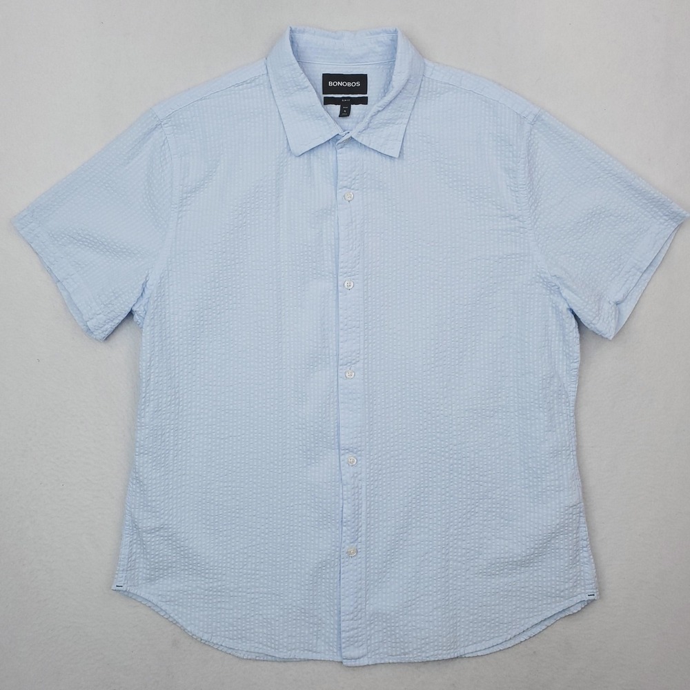 Bonobos Shirt Mens XL Blue Seersucker Short Sleeve Slim Fit Button Up Cotton